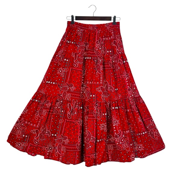 VINTAGE VRG SPORT Red Paisley Bandana Print Tiered Maxi Skirt Elastic Waist MED - Picture 2 of 12